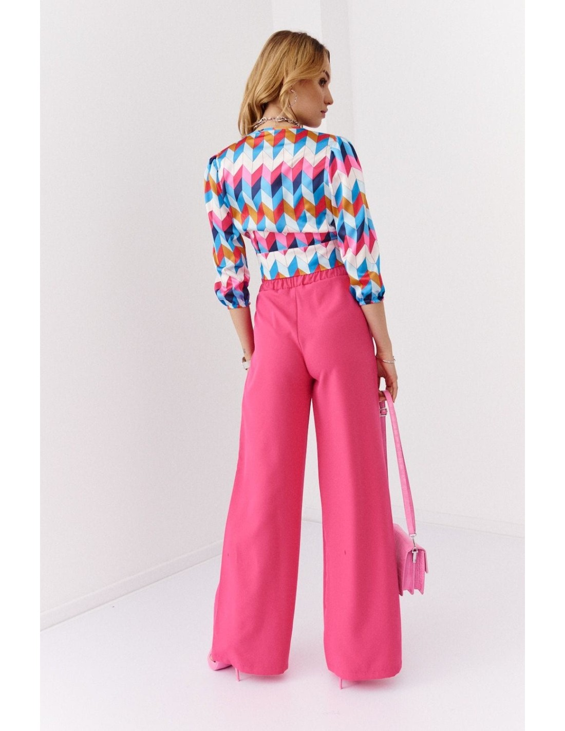 Envelope blouse with ties on the side, blue and pink 020200 - Online store - Boutique